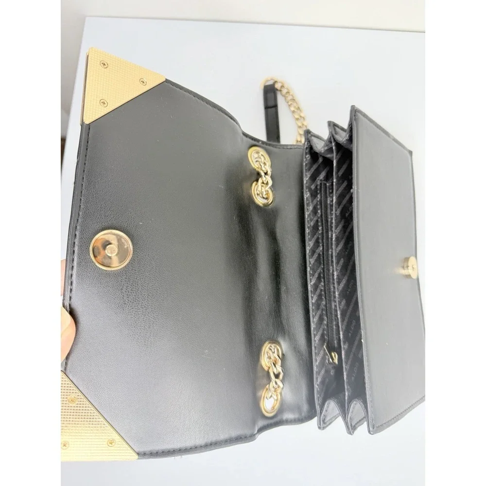 ALDO Quilted Crossbody Bag Black Gold Chain‎ Strap Shoulder Purse One Size